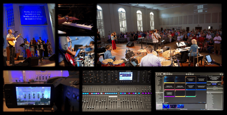 collage of pictures of worship band, people worshipping, cameras and soundboards